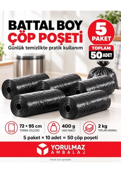 Battal Boy Çöp Poşeti 72x95 Cm 5 Paket, Toplam 50 Adet Her Paket 400 Gr, Toplam 2 Kg Ev, Ofis, Kafe Ve R