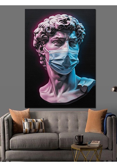 Ahşap Tablo Mavi Maskeli Baş David Heykeli