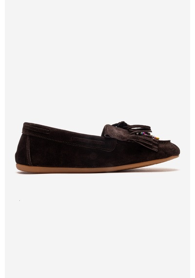 Luvishoes Evelyn Kahverengi Süet Hakiki Deri Püsküllü Boncuklu Kadın Loafer Ayakkabı