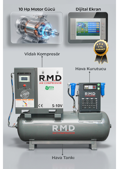R.m.d Kompresör 10 Hp 500 Lt Depo Üstü İnvertörlü Vidalı Hava Kompresör Seti Üıs-10v