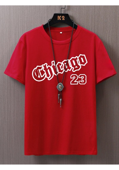 Chicago 23 T-shirt - Kırmızı Baskılı Oversize Bisiklet Yaka Kısa Kol Tişört Kırmızı
