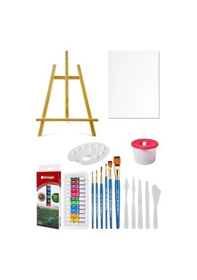 Mini Şövale Akrilik Boya Seti 9 Ml 12 Renk Tuval Seti 25x35 Plastik Spatula Seti Çok Renkli