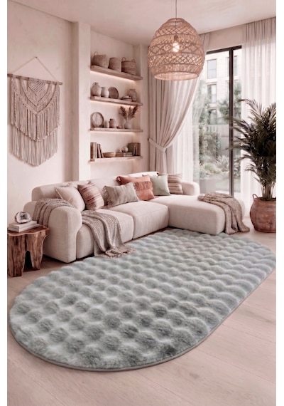 Oval Bubble Ultra Soft Puffy Kaymaz Taban Peluş Tavşan Tüyü Halı Gri