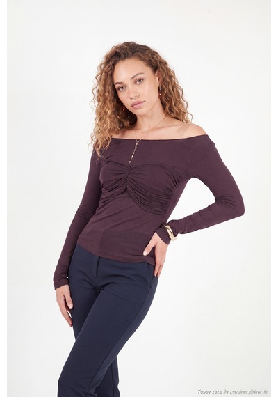 Lela Göğüs Drape Detaylı Kayık Yaka Bluz Kadın Bluz 5867117 Bordo