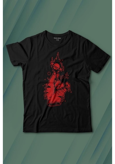 Kendim Seçtim Uzayda El Satürn Halkaları Çizimli Lolipop Hellfire Ateş Baskılı Tişört Çocuk T-shirt 001