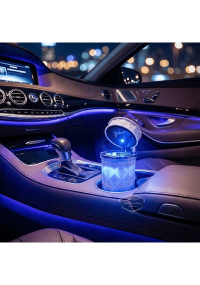 Üniversal Kristal Pırlanta Taş Görünümlü Mavi Led Işıklı Lüx Oto Küllük Kapaklı Spor Araç İçi Küllük Araba Küllüğü Beyaz