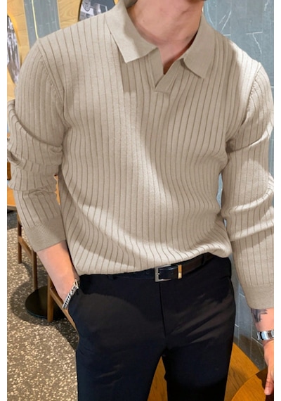 Cool Tarz Erkek Polo Yaka Triko Kazak Slim Fit Fitilli Bej