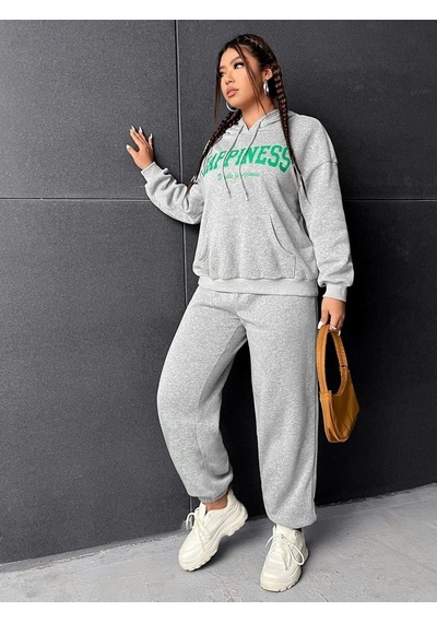 Eşofman Takımı Sweatshirt - Gri Baskılı Oversize Şardonlu Kapüşonlu Gri