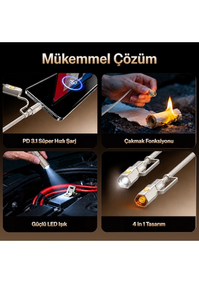 Bix T2ın1c 240w Led Fener Ve Alevsiz Çakmak Fonksiyonlu Type-c To Type-c Şarj Data Kablosu 1.2 Metre Siyah