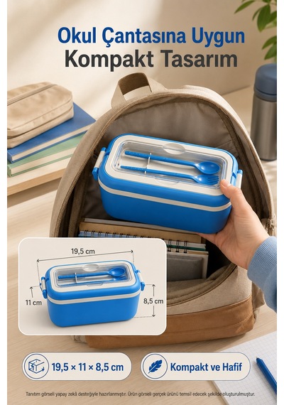 Mavi 3 Bölmeli Çocuk Beslenme Kutusu Kaşık Çatal Dahil Kilitli Kapaklı Taşıma Saplı Lunch Box