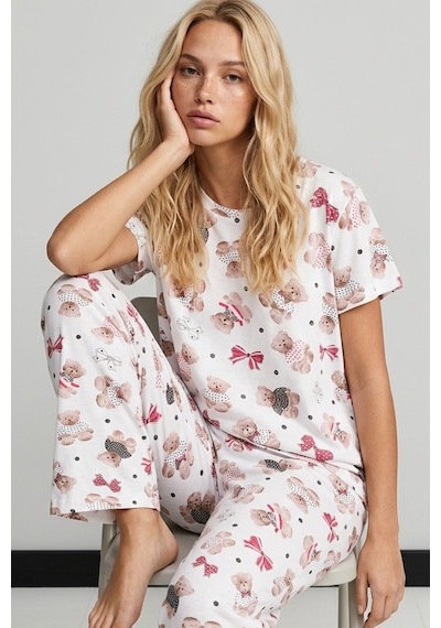Siyah İnci Mevsimlik İnce Örme Pijama Takım 8017 Beyaz Ayıcık