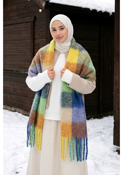 Remsa Püsküllü Buklet Atkı Şal 40x210 Cm 1256 Yeşil Renkli