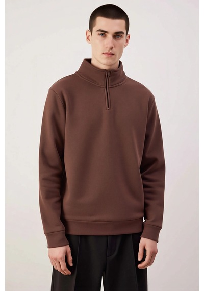 Benerly Erkek Dik Yaka Fermuarlı %100 Pamuk Regular Sweatshirt Fonksiyone Kahverengi