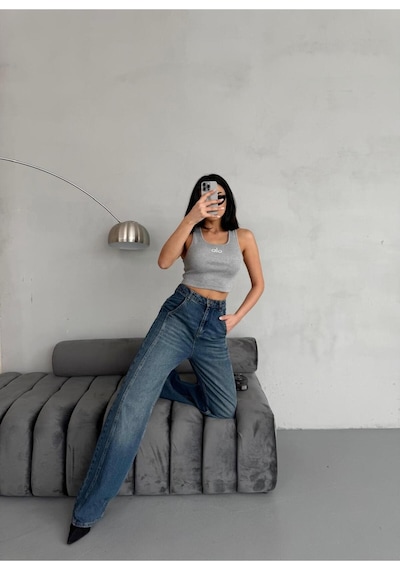 Yan Dikiş Detaylı Wide-leg Tint Jean Mavi
