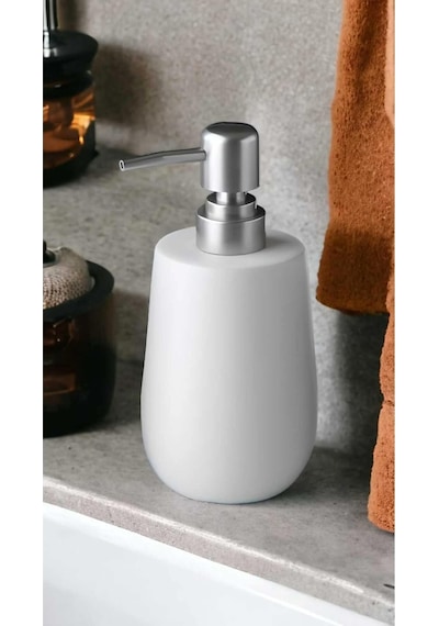 Stone Lüks Camsı Mat Seramik Banyo Mutfak Sıvı Sabunluk Bulaşık Deterjanlık Gümüş Silver Kapak Beyaz