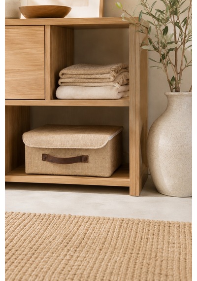 Kapaklı Jüt Düzenleyici Sepet L Boy 35x26x15 Cm Dolap İçi Raf Banyo Ve Aksesuar Saklama Kutusu Bej