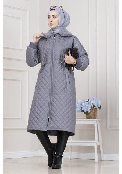 Yakası Kürklü Capitone Mont-gri-5561 Gri