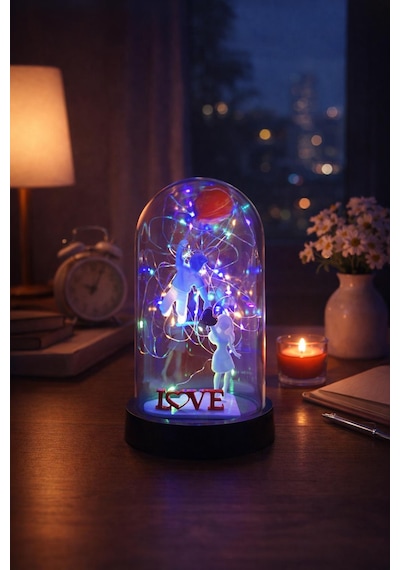 Fanus İçinde Çift Figürlü Love Yazılı Peri Led Dekoratif Sevgili, Yıl Dönümü, Doğum Günü Hediyesi Beyaz Kırmızı