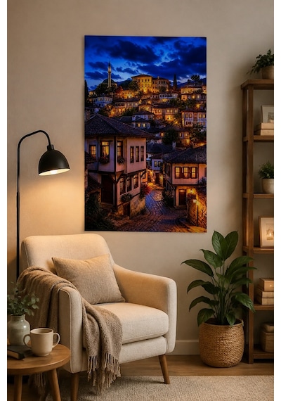 Safranbolu Evleri Baskılı Cam Tablo Sıcak Işıklı Dekoratif Duvar Tablosu
