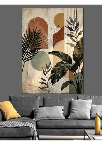 Pastel Tonlarda Modern Bitki Kolajı Dekoratif Kanvas - Mdf Ahşap Tablo