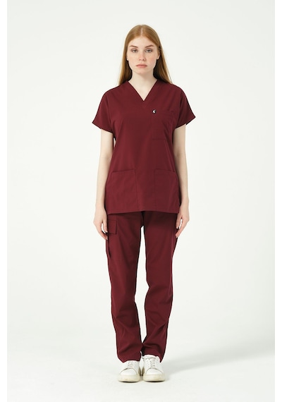 Bordo Likralı Scrubs Kargo Cep Doktor Hemşire Forması Yarasa Kol Takım Unisex