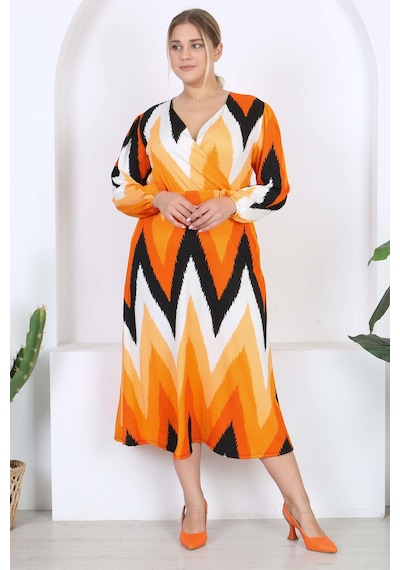 Mooi Xxl Kadın Turuncu Zigzag Desen Kruvaze Yaka Balon Kol Maxi Boy Bürümcük Elbise Turuncu Mooi Xxl Kadın Turuncu Zigzag Desen Kruvaze Yaka Balon Kol Maxi Boy Bürümcük Elbise Turuncu