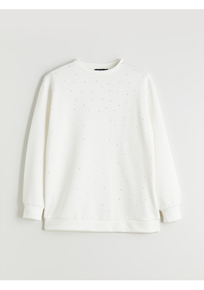 Lcw Comfort Beyaz Bisiklet Yaka Taşlı Kadın Sweatshirt