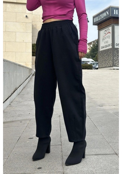 WeShaya Kadın Siyah Yüksek Bel, Cepli, Beli Lastikli, Salaş Gabardin Pantolon Siyah
