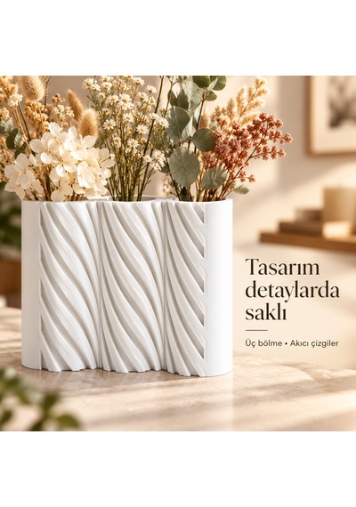 Çizgili Modern Tasarım Üç Bölmeli Dekoratif Vazo - Çiçeklik Beyaz