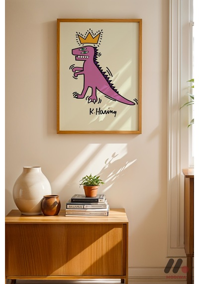 Taçlı Dinozor Pop Art, Ahşap Çerçeveli Duvar Tablosu - Renkli Ev Dekorasyonu