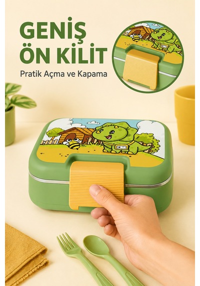 Happi Dinozor Paslanmaz Çelik Bölmeli Beslenme Kutusu 1030 Ml Çatal Kaşık Dahil Yeşil