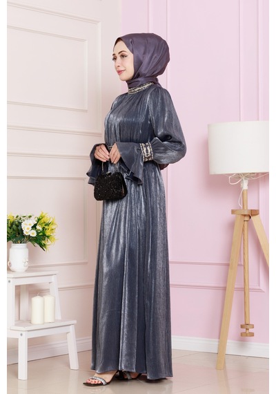 Kolu Volanlı Nakış Detaylı Abiye-lacivert-4710