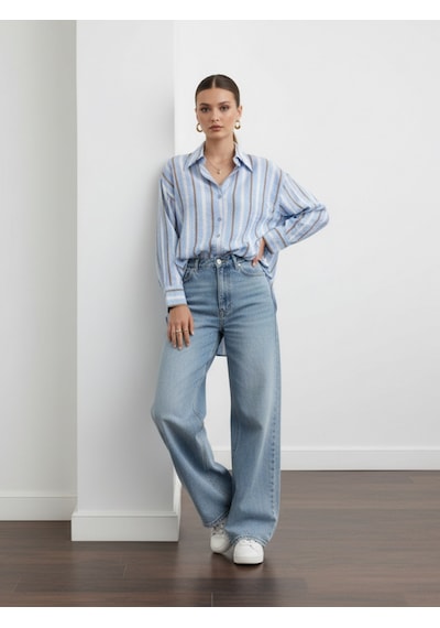 Pera Moda Oversize Çizgili Uzun Kadın Gömleği Mavi