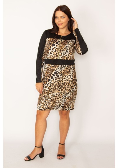 Şans Kadın Leo Leopar Desenli Önü Yarım Fermuarlı Elbise 65n34156-leo Leopar