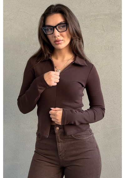 Kahverengi Polo Yaka Çift Fermuarlı Slim Fit Kadın Body Mg2652 Kahverengi Kahverengi Polo Yaka Çift Fermuarlı Slim Fit Kadın Body Mg2652 Kahverengi