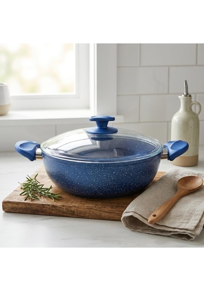 Argos 26 Cm Karnıyarık Tenceresi - Gri Gövde Ve Mavi Kırçıllı Özel Kaplama - Ergonomik Tasarımlı - Cam Kapaklı