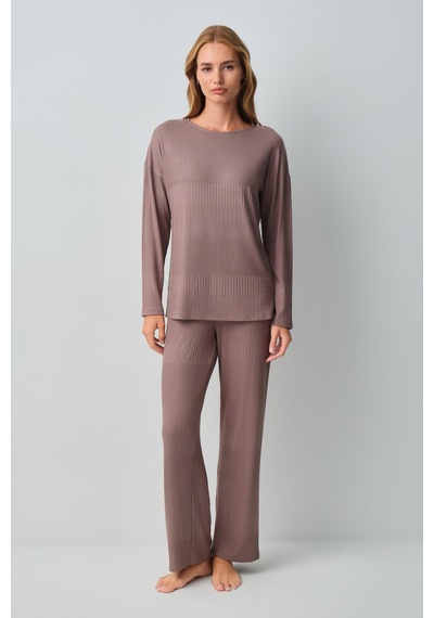 Suwen Comfort Geniş Yaka Pijama Takımı Wsh105100951268 Cappuccino