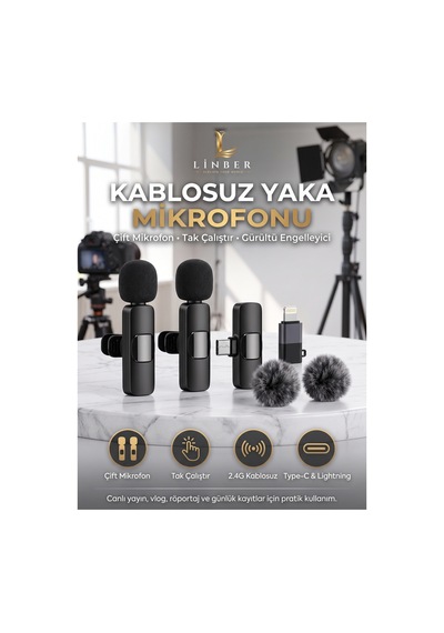 Kablosuz Tüylü Siyah Yaka Mikrofonu Type-c Ve İos Uyumlu Bluetooth 5.0 2 Li Set Siyah Siyah
