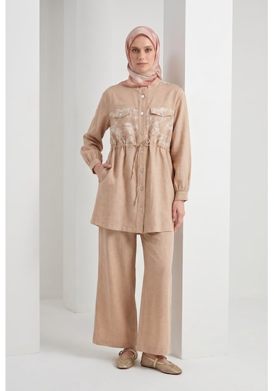Armine Trend Çiçek Desenli Beli Büzgülü Tunik Ve Geniş Paça Pantolonlu Takım Bej 26yt6156