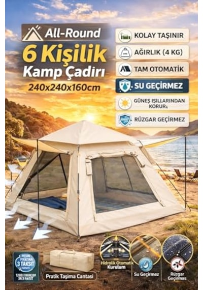 Aile Boyu 6 Kişilik Otomatik Çadır Piknik, Tatil Ve Kamp Için Geniş Tasarım Bej Acı Kahverengi
