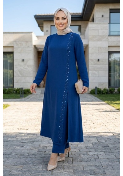 Hb Harma Time Butik Kadın İnci İşlemeli Mavi Tunik-pantolon İkili Takım Mavi Mavi