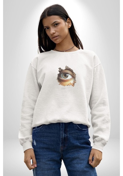 Duvardan Biri Bizi Gözetliyor Unisex Beyaz Baskılı Sweatshirt Beyaz