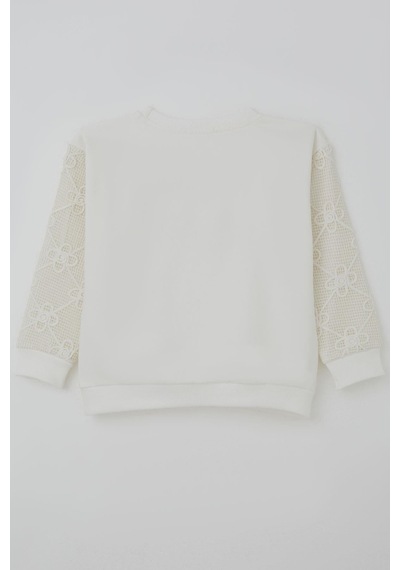 Breeze Kız Çocuk Sweatshirt Kolları Çiçek Aplike İşlemeli File Detaylı 5-10 Yaş, Ekru Ekru