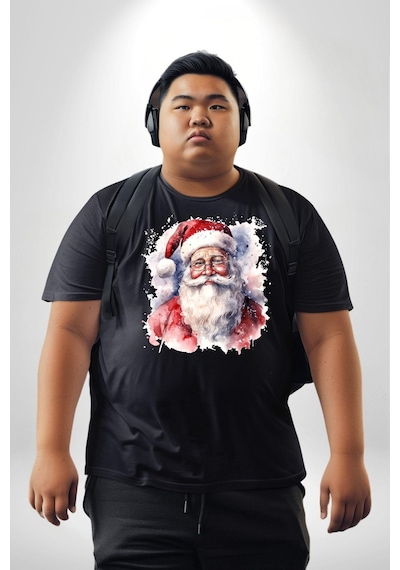 Angemiel Mutlu Noel Baba Yeni Yıl Tasarımı Siyah Büyük Beden Erkek Kadın Unisex Basic Ön Baskılı Tişört Siyah