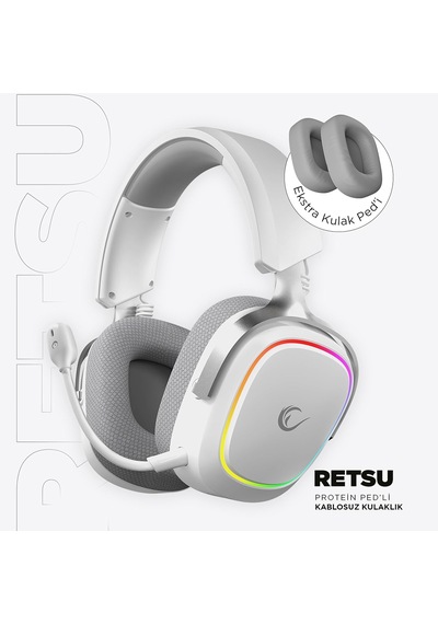 Retsu Kablosuz Oyuncu Kulaklığı, 2.4g + Bluetooth 5.3, 50 Mm Sürücü, Rgb Aydınlatma, Mikrofonlu, Protein Deri Ve Kumaş Earpad, Pc/ps4/ps5/mobil Beyaz/gri
