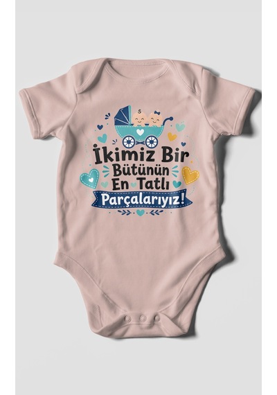 Morivokids İkimiz Bir Bütünün Yazılı Kısa Kollu Bebek Body %100 Pamuk Pastel Pembe
