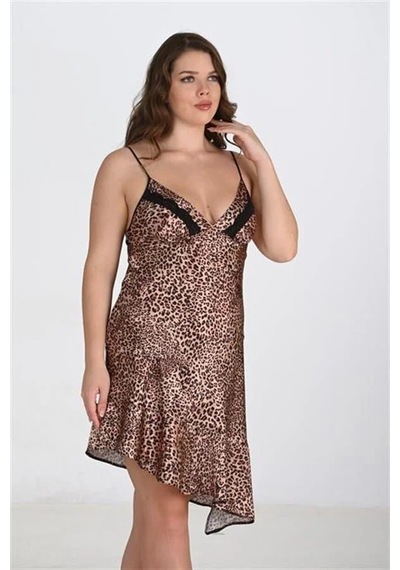 Ang Butik Kadın Premium Büyük Beden Saten Leopar Gecelik Bigsize Takımı