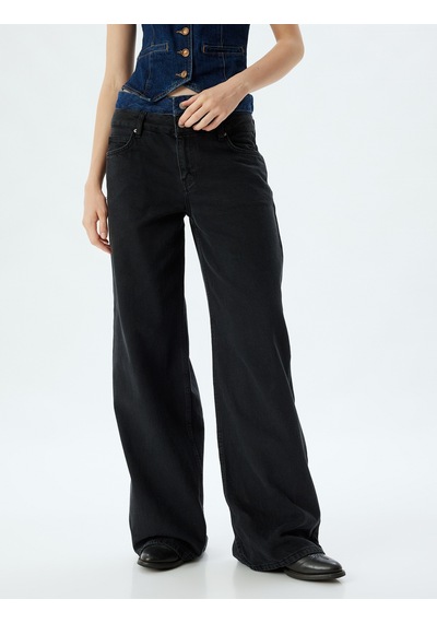 Koton Bol Kot Pantolon Çift Bel Detaylı Düğmeli Yıkamalı - Loose Straight Fit Jean Siyah 5wal40083md Siyah