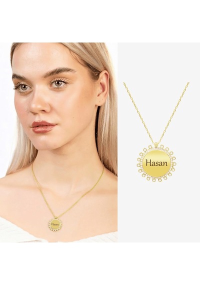 Tesbihane Zirkon Taşlı Güneş Tasarım Gold Renk Kişiye Özel İsim/harf Yazılı 925 Ayar Gümüş Kadın Kolye