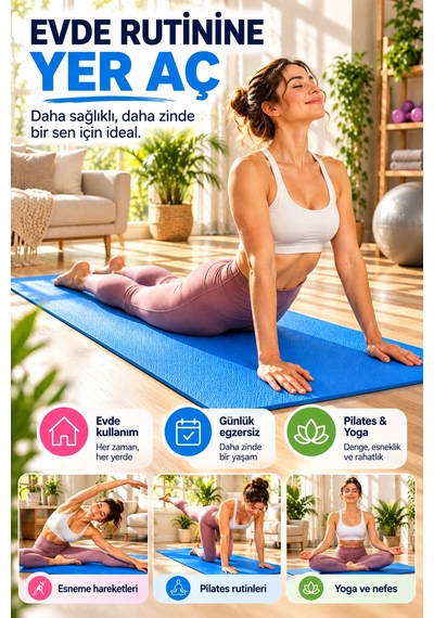 Mavi Pilates Yoga Matı Dokulu Egzersiz Fitness Minderi Evde Spor Ve Esneme Minderi 170x56 Cm 8 Mm